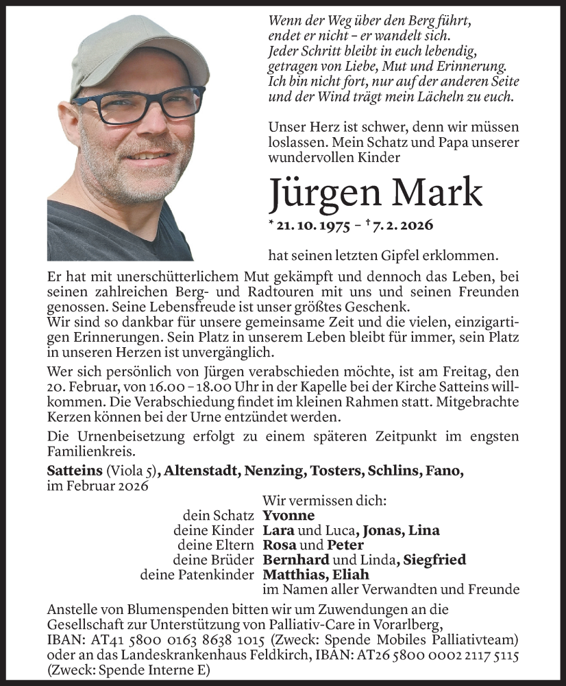  Todesanzeige für Jürgen Mark vom 11.02.2026 aus Vorarlberger Nachrichten