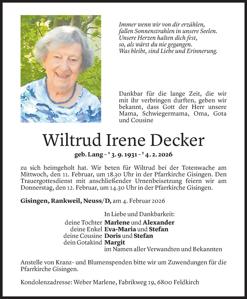  Todesanzeige für Wiltrud Decker vom 06.02.2026 aus Vorarlberger Nachrichten