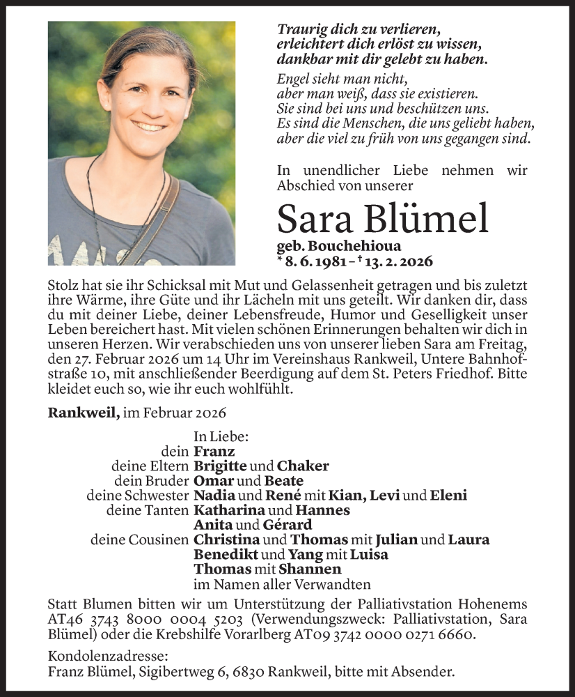  Todesanzeige für Sara Blümel vom 20.02.2026 aus Vorarlberger Nachrichten