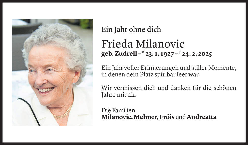  Todesanzeige für Frieda Milanovic vom 23.02.2026 aus Vorarlberger Nachrichten