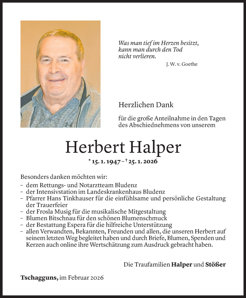  Todesanzeige für Herbert Halper vom 27.02.2026 aus Vorarlberger Nachrichten
