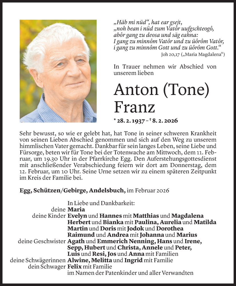  Todesanzeige für Anton Franz vom 09.02.2026 aus Vorarlberger Nachrichten