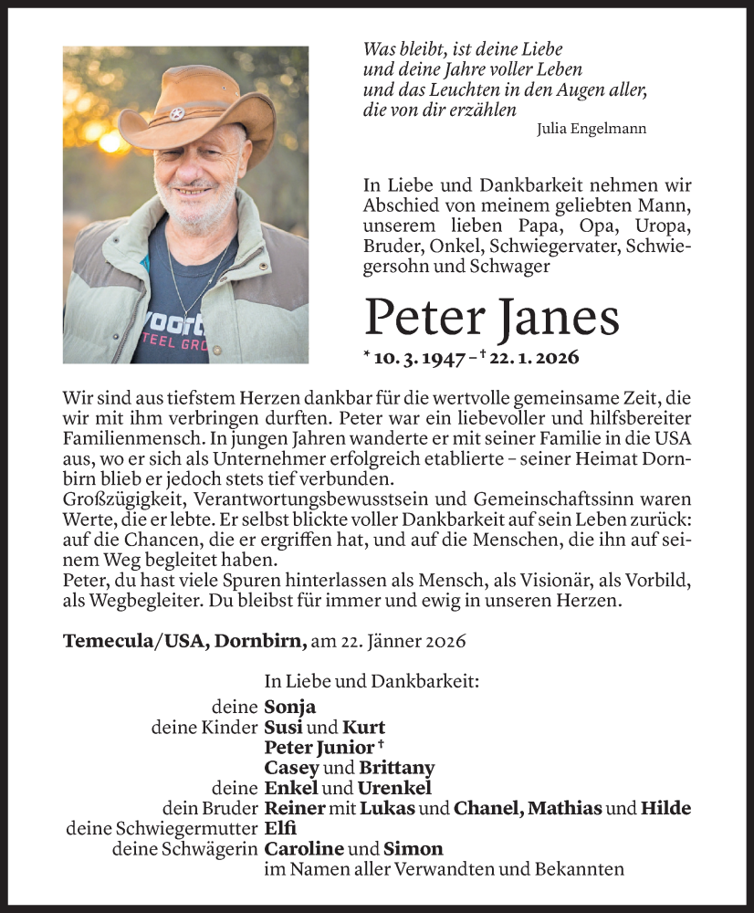  Todesanzeige für Peter Janes vom 14.02.2026 aus Vorarlberger Nachrichten
