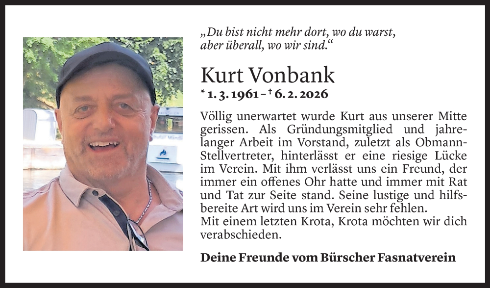  Todesanzeige für Kurt Vonbank vom 10.02.2026 aus Vorarlberger Nachrichten