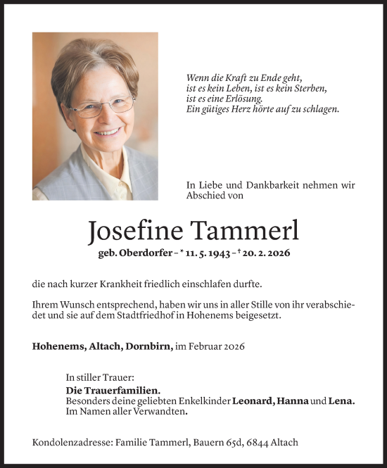 Todesanzeige von Josefine Tammerl von Vorarlberger Nachrichten