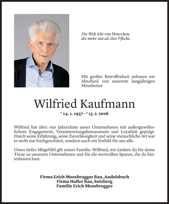 Todesanzeige von Wilfried Kaufmann von Vorarlberger Nachrichten