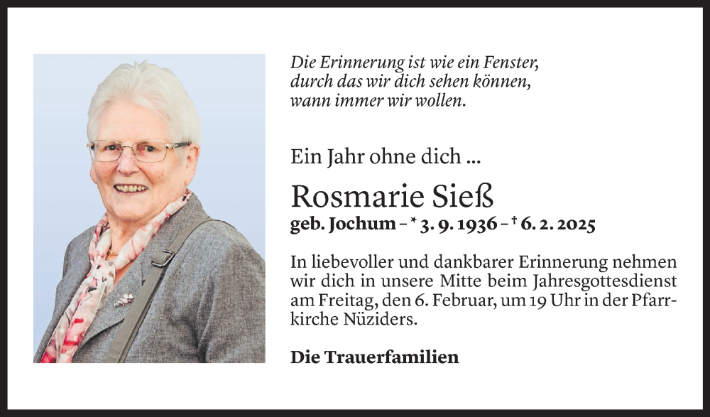  Todesanzeige für Rosmarie Sieß vom 03.02.2026 aus Vorarlberger Nachrichten