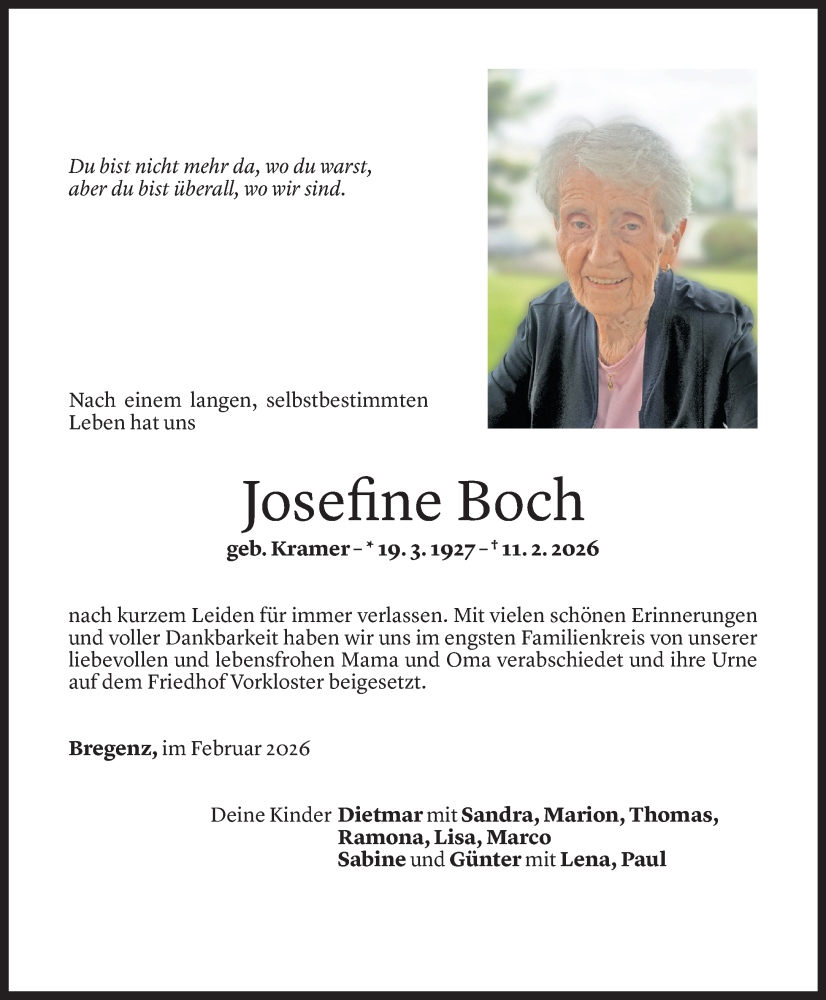  Todesanzeige für Josefine Boch vom 25.02.2026 aus Vorarlberger Nachrichten