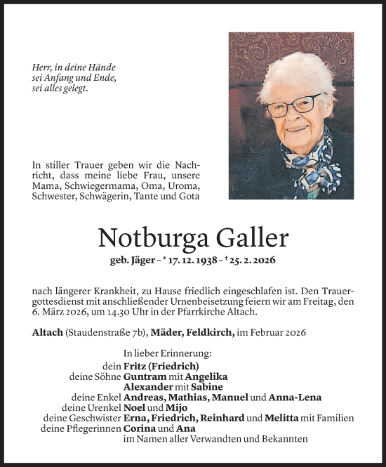 Todesanzeige von Notburga Galler von Vorarlberger Nachrichten