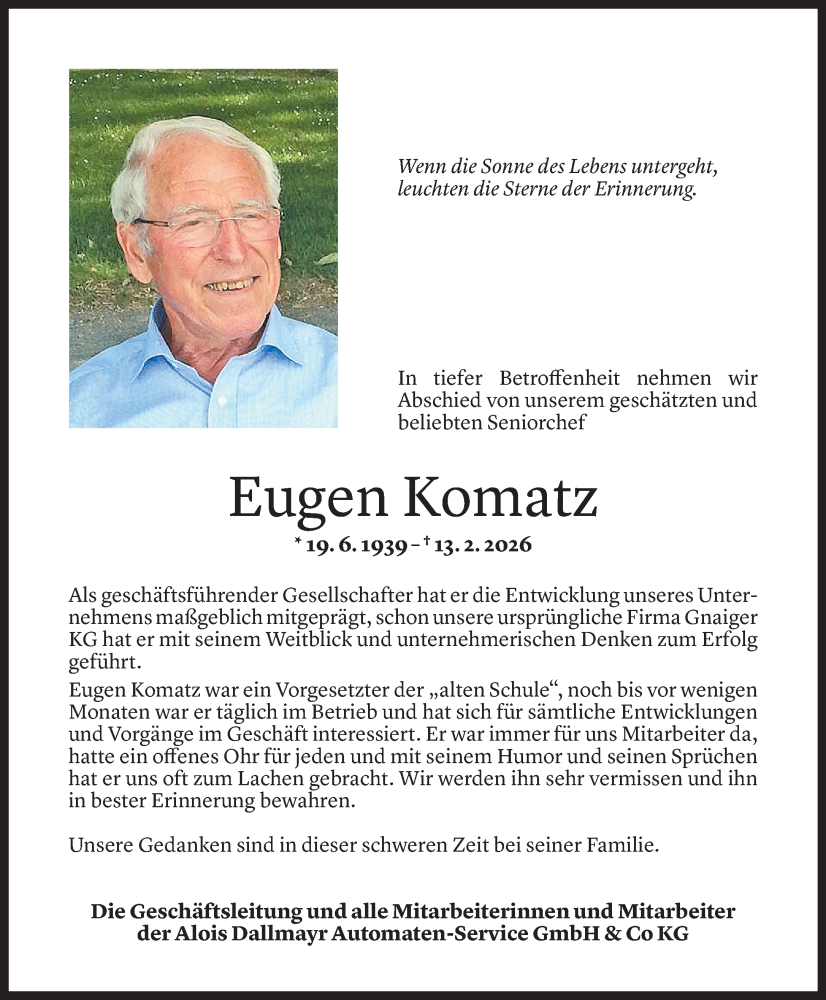  Todesanzeige für Eugen Komatz vom 17.02.2026 aus Vorarlberger Nachrichten