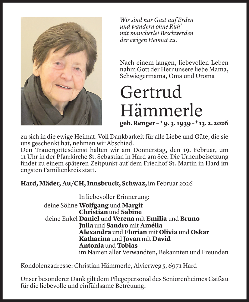  Todesanzeige für Gertrud Hämmerle vom 16.02.2026 aus Vorarlberger Nachrichten