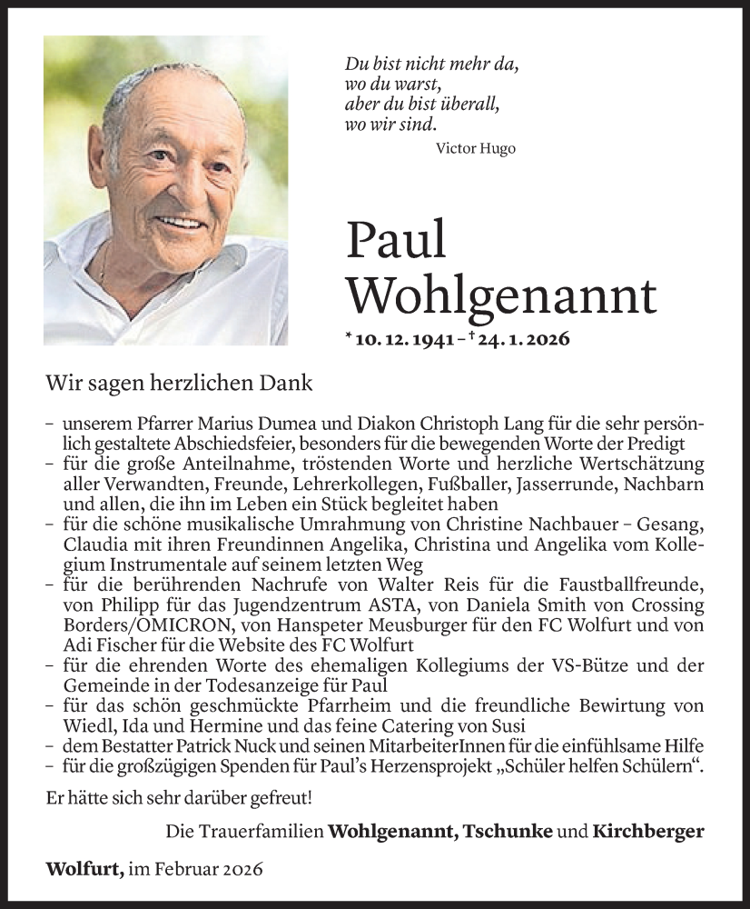  Todesanzeige für Paul Wohlgenannt vom 20.02.2026 aus Vorarlberger Nachrichten