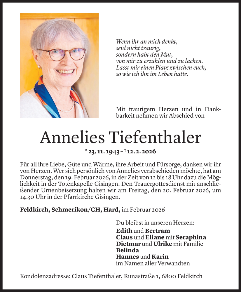  Todesanzeige für Annelies Tiefenthaler vom 17.02.2026 aus Vorarlberger Nachrichten