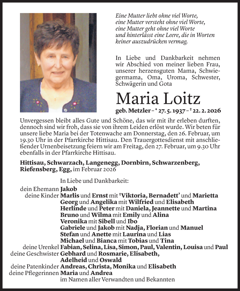  Todesanzeige für Maria Loitz vom 24.02.2026 aus Vorarlberger Nachrichten