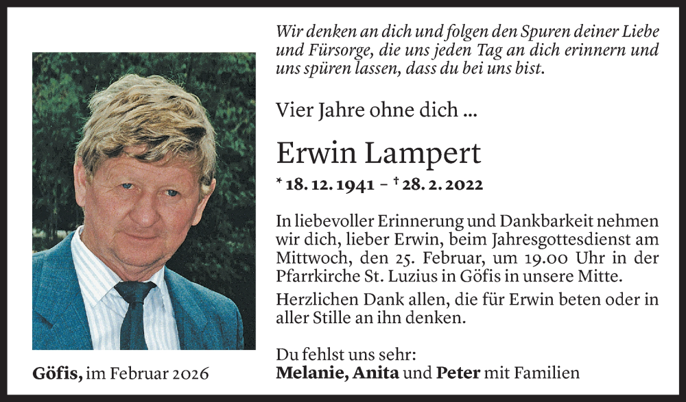  Todesanzeige für Erwin Lampert vom 21.02.2026 aus Vorarlberger Nachrichten