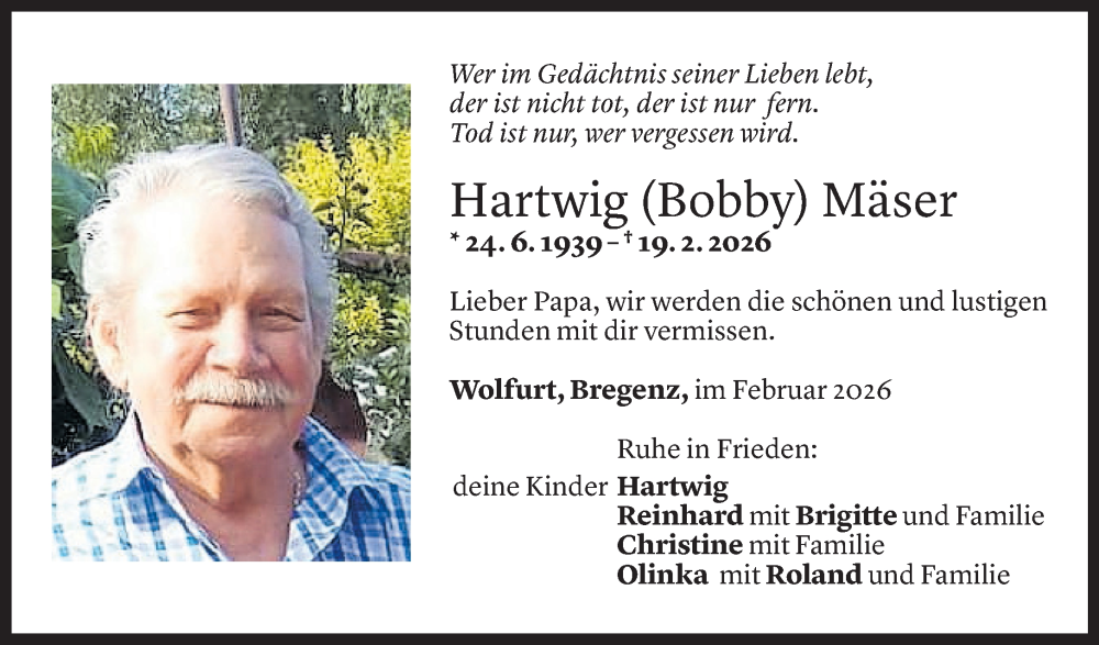  Todesanzeige für Hartwig Mäser vom 23.02.2026 aus Vorarlberger Nachrichten