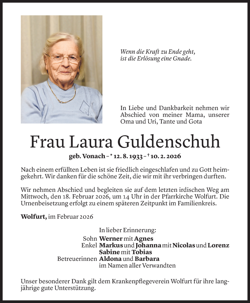  Todesanzeige für Laura Guldenschuh vom 13.02.2026 aus Vorarlberger Nachrichten