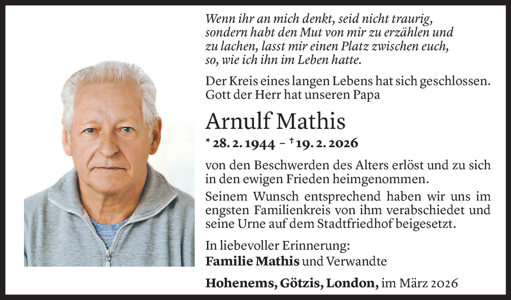 Todesanzeige für Arnulf Mathis vom 02.03.2026 aus Vorarlberger Nachrichten