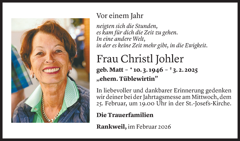  Todesanzeige für Christl Johler vom 21.02.2026 aus Vorarlberger Nachrichten