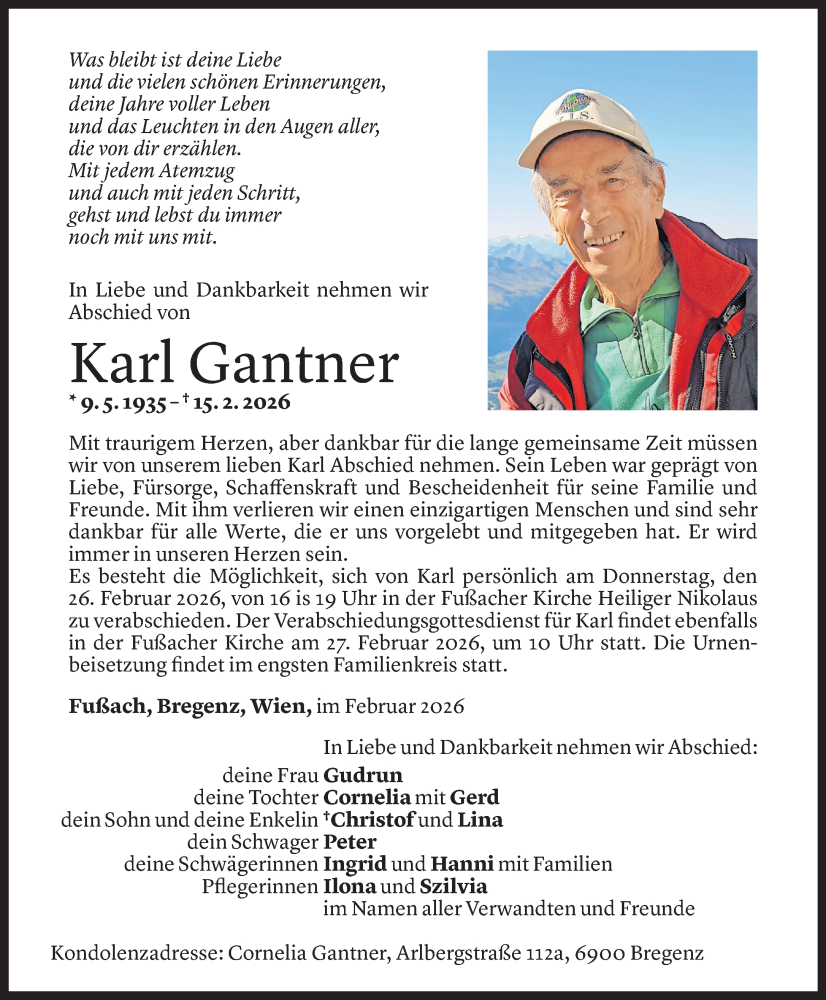  Todesanzeige für Karl Gantner vom 23.02.2026 aus Vorarlberger Nachrichten