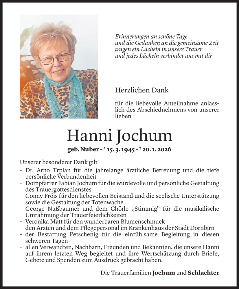  Todesanzeige für Hanni Jochum vom 02.02.2026 aus Vorarlberger Nachrichten
