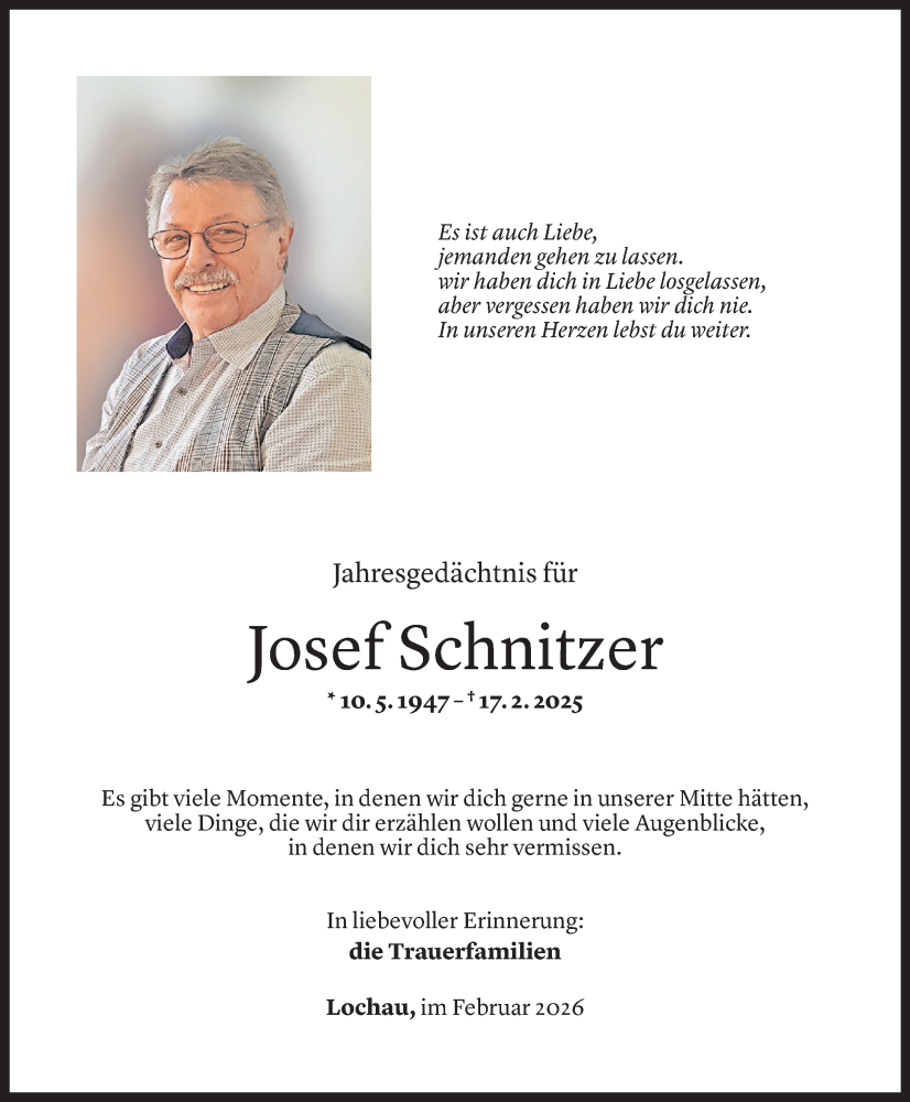  Todesanzeige für Josef Schnitzer vom 16.02.2026 aus Vorarlberger Nachrichten