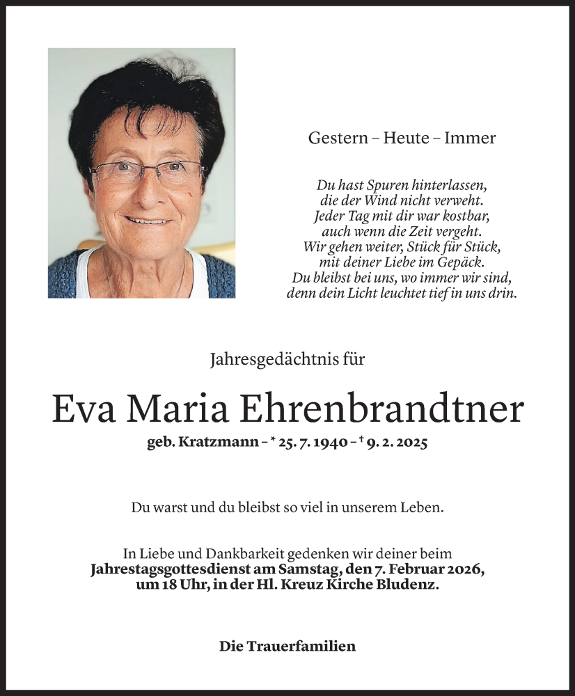  Todesanzeige für Eva Maria Ehrenbrandtner vom 05.02.2026 aus Vorarlberger Nachrichten