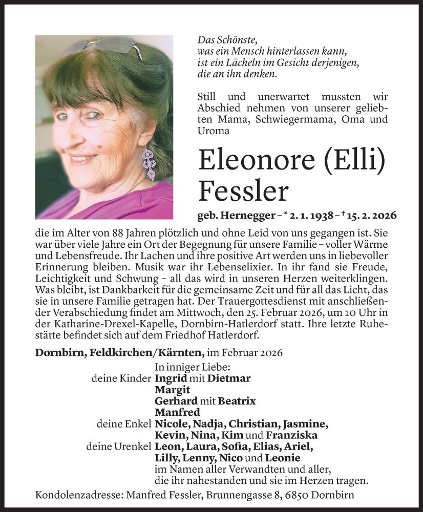  Todesanzeige für Eleonore Fessler vom 20.02.2026 aus Vorarlberger Nachrichten
