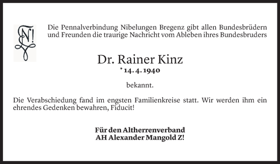 Todesanzeige von Rainer Kinz von Vorarlberger Nachrichten