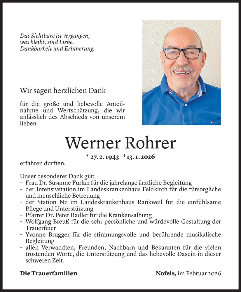  Todesanzeige für Werner Rohrer vom 11.02.2026 aus Vorarlberger Nachrichten