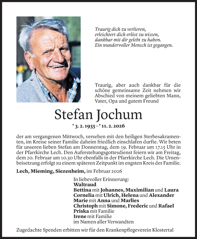  Todesanzeige für Stefan Jochum vom 16.02.2026 aus Vorarlberger Nachrichten