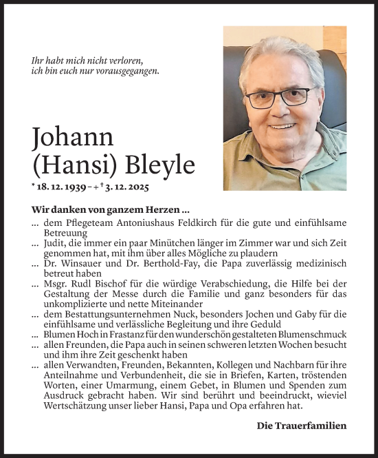Todesanzeige von Johann Bleyle von Vorarlberger Nachrichten