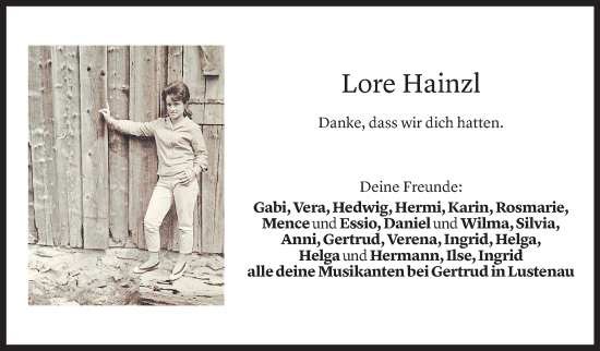 Todesanzeige von Eleonora Edeltraud Hainzl von Vorarlberger Nachrichten