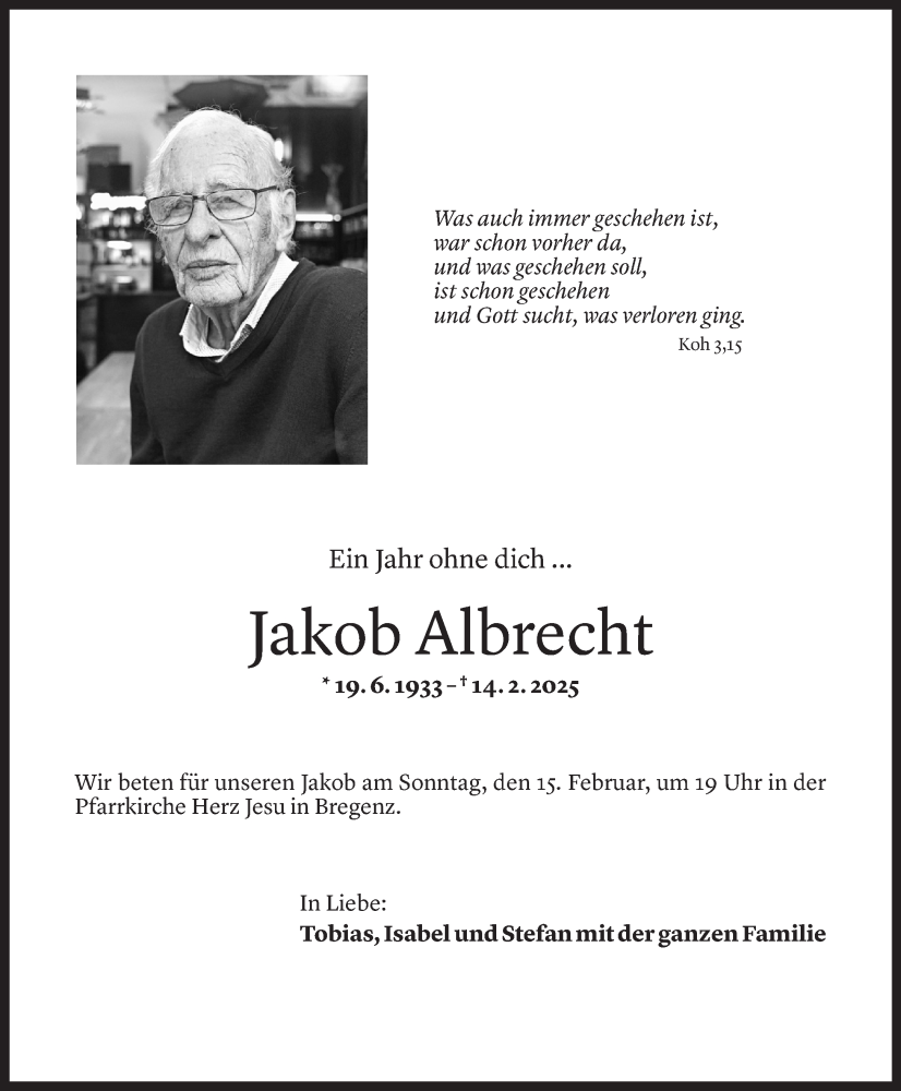  Todesanzeige für Jakob Albrecht vom 10.02.2026 aus Vorarlberger Nachrichten