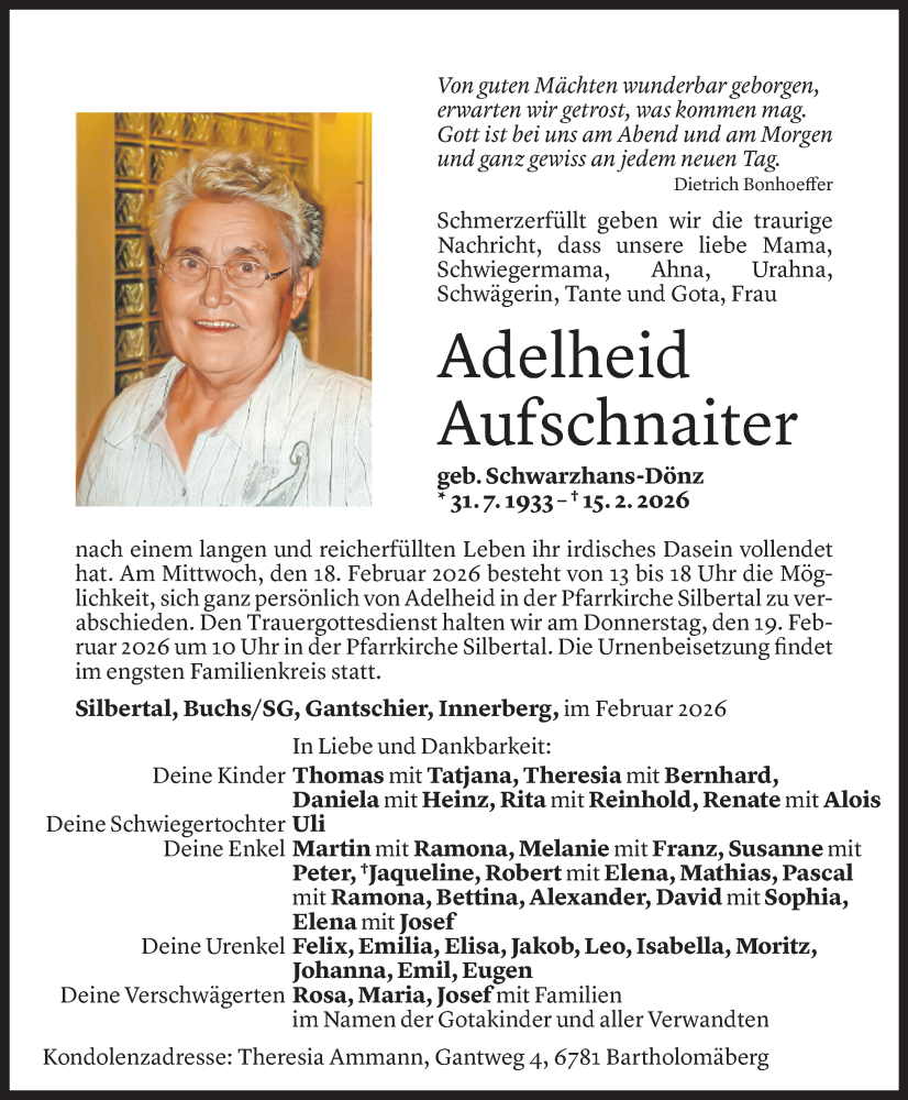  Todesanzeige für Adelheid Aufschnaiter vom 15.02.2026 aus Vorarlberger Nachrichten