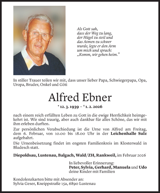 Todesanzeige von Alfred Ebner von Vorarlberger Nachrichten
