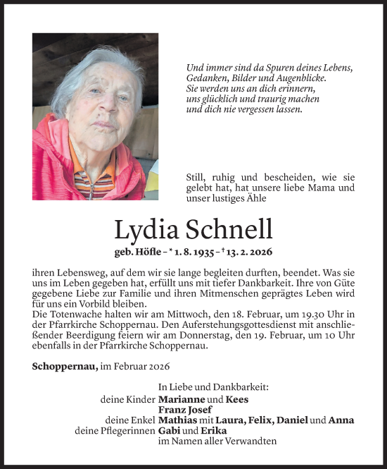 Todesanzeige von Lydia Schnell von Vorarlberger Nachrichten