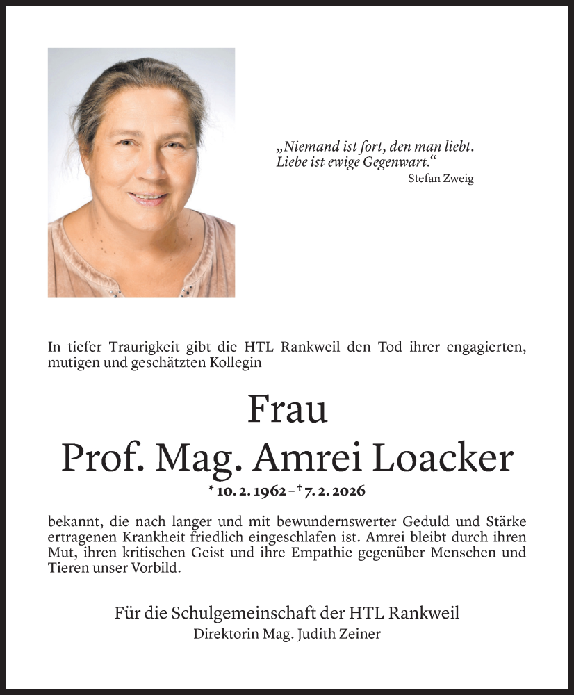  Todesanzeige für Amrei Loacker vom 14.02.2026 aus Vorarlberger Nachrichten