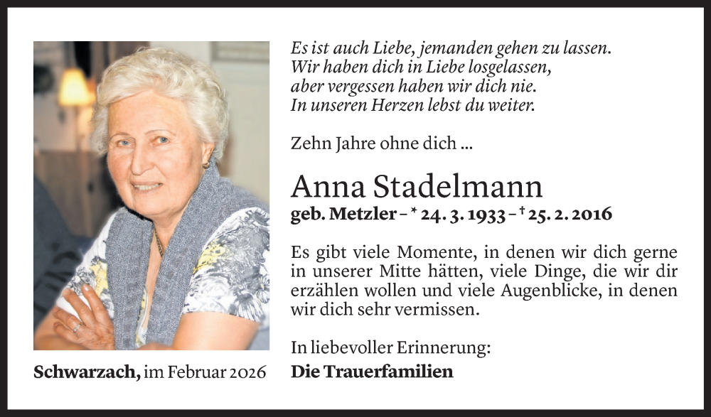  Todesanzeige für Anna Stadelmann vom 20.02.2026 aus Vorarlberger Nachrichten