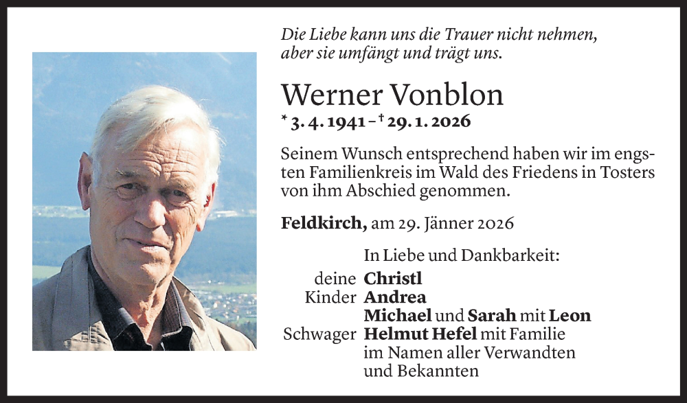  Todesanzeige für Werner Vonblon vom 11.02.2026 aus Vorarlberger Nachrichten