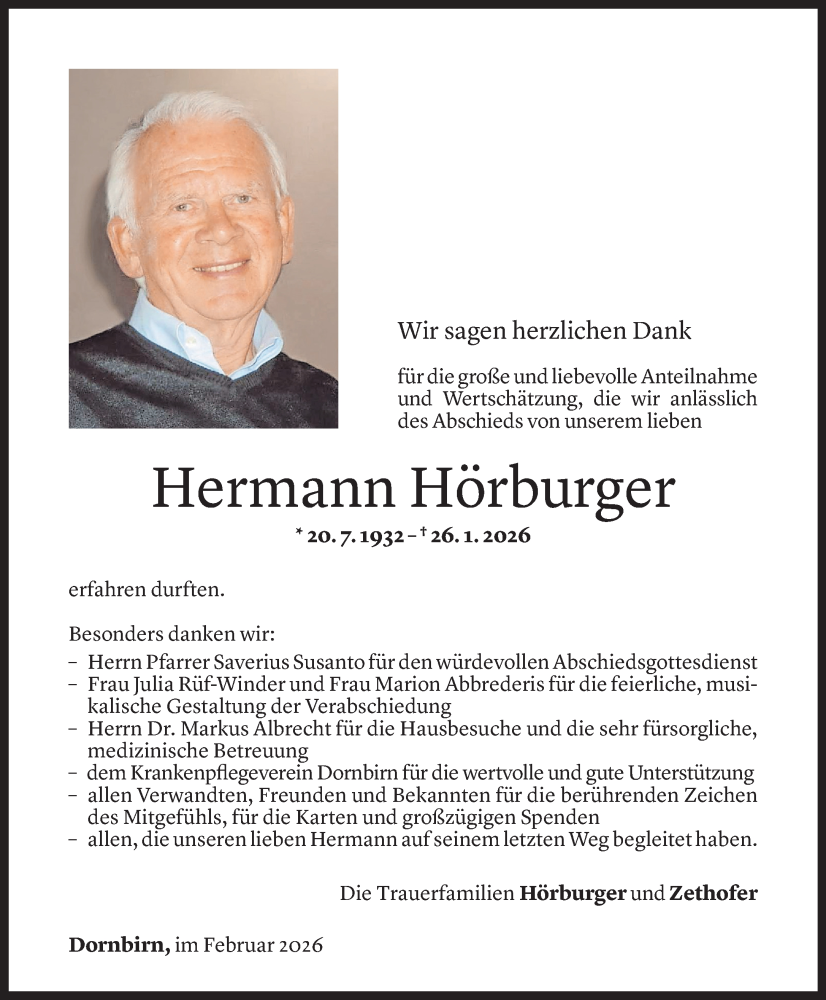  Todesanzeige für Hermann Hörburger vom 26.02.2026 aus Vorarlberger Nachrichten