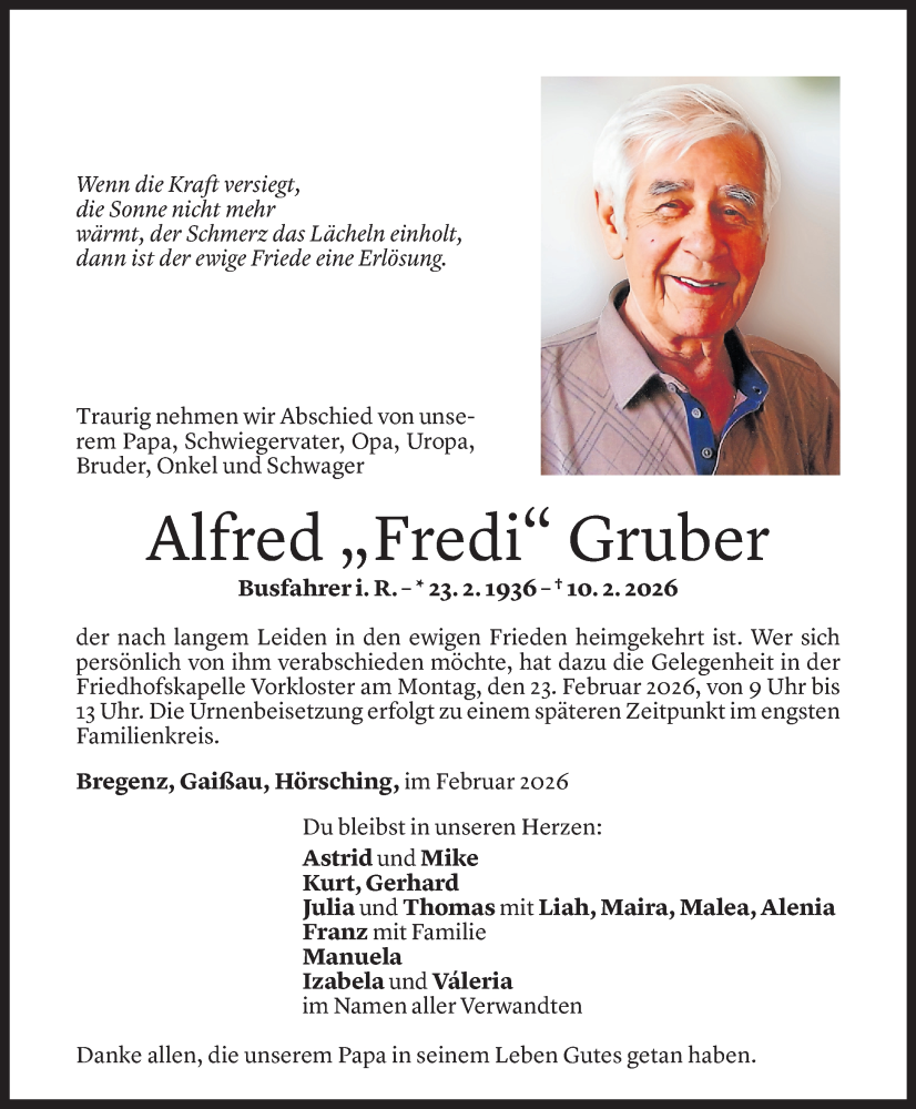  Todesanzeige für Alfred Gruber vom 16.02.2026 aus Vorarlberger Nachrichten
