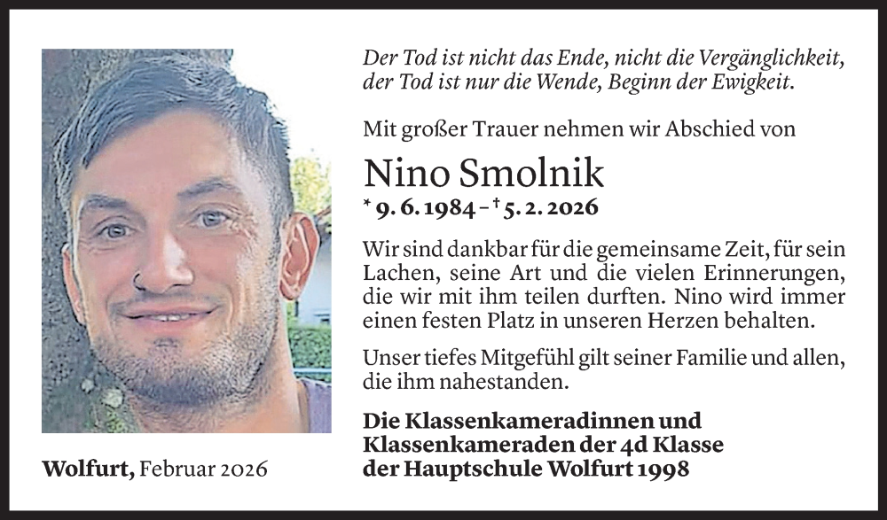  Todesanzeige für Nino Smolnik vom 12.02.2026 aus Vorarlberger Nachrichten
