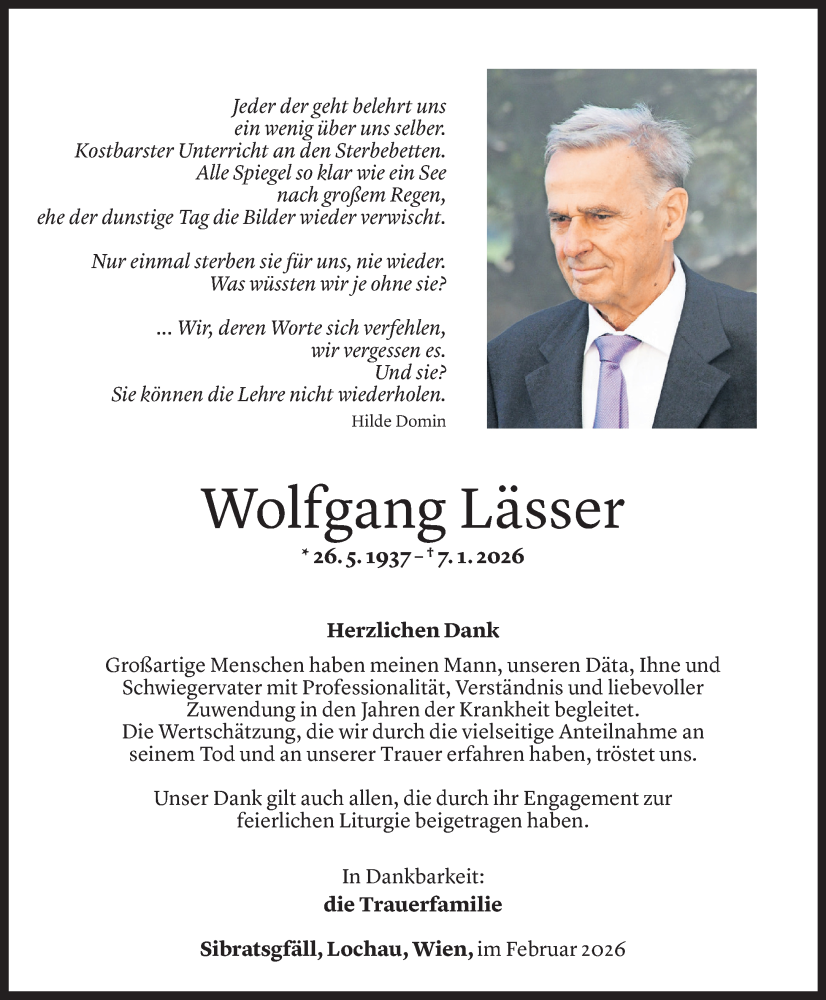  Todesanzeige für Wolfgang Lässer vom 05.02.2026 aus Vorarlberger Nachrichten
