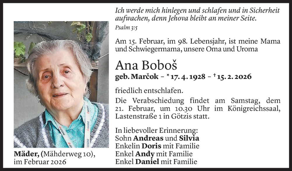  Todesanzeige für Ana Boboš vom 17.02.2026 aus Vorarlberger Nachrichten