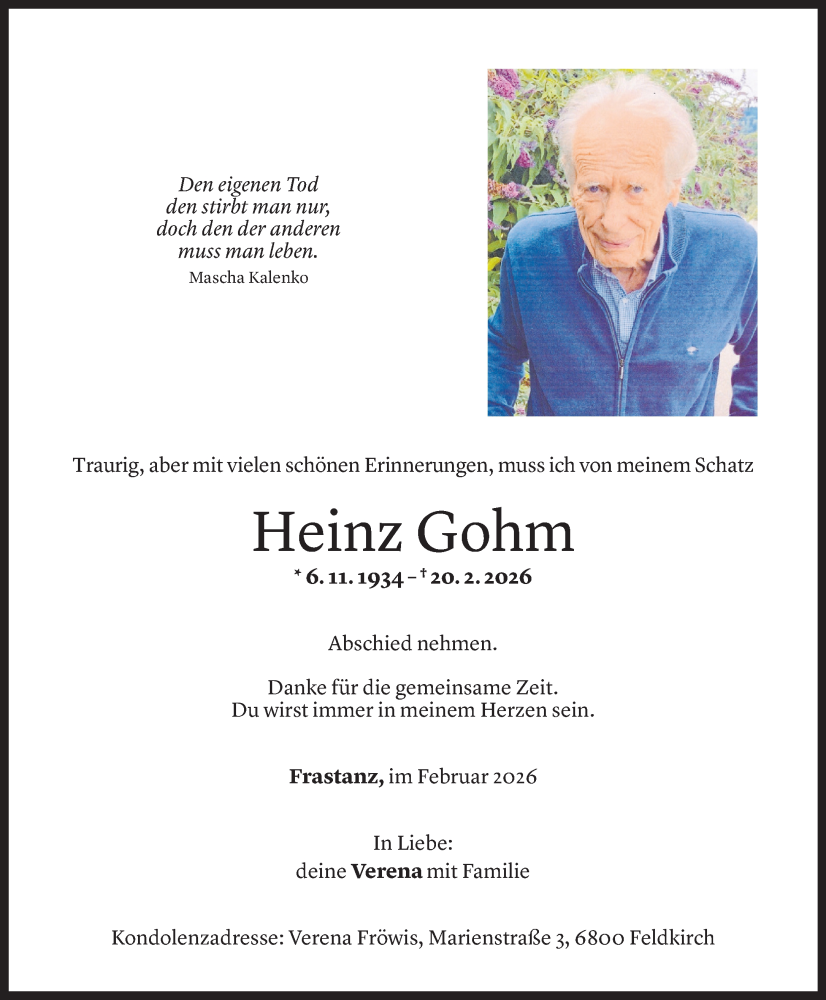  Todesanzeige für Heinz Gohm vom 24.02.2026 aus Vorarlberger Nachrichten