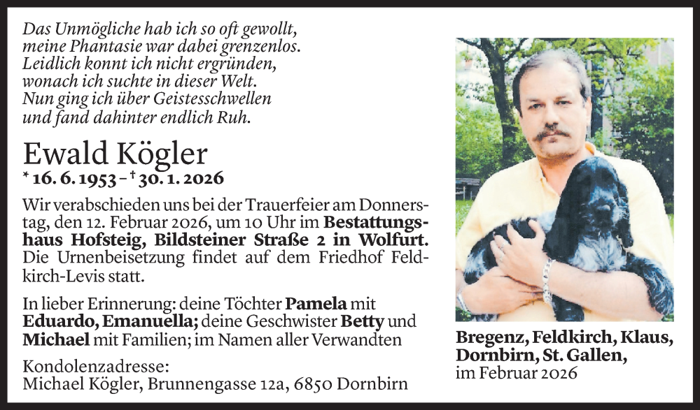  Todesanzeige für Ewald Kögler vom 05.02.2026 aus Vorarlberger Nachrichten