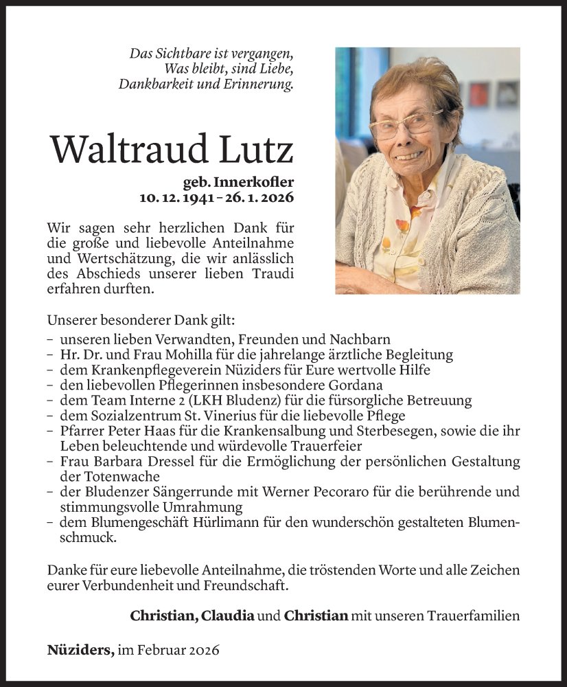  Todesanzeige für Waltraud Lutz vom 19.02.2026 aus Vorarlberger Nachrichten
