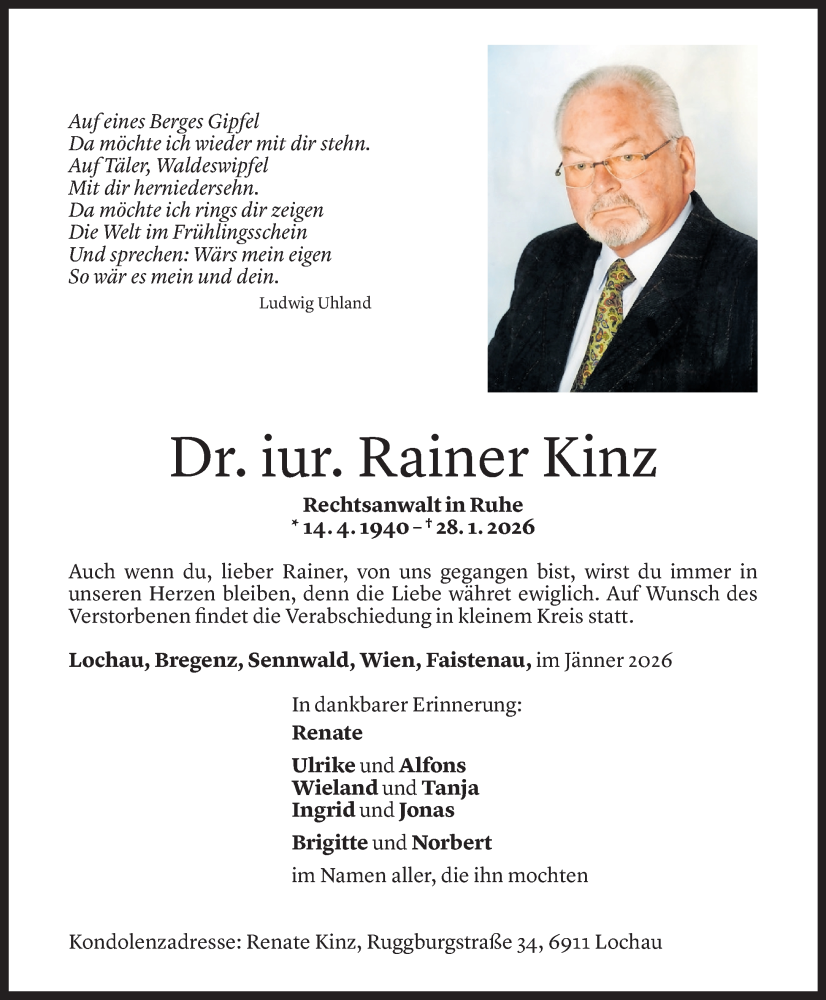  Todesanzeige für Rainer Kinz vom 07.02.2026 aus Vorarlberger Nachrichten
