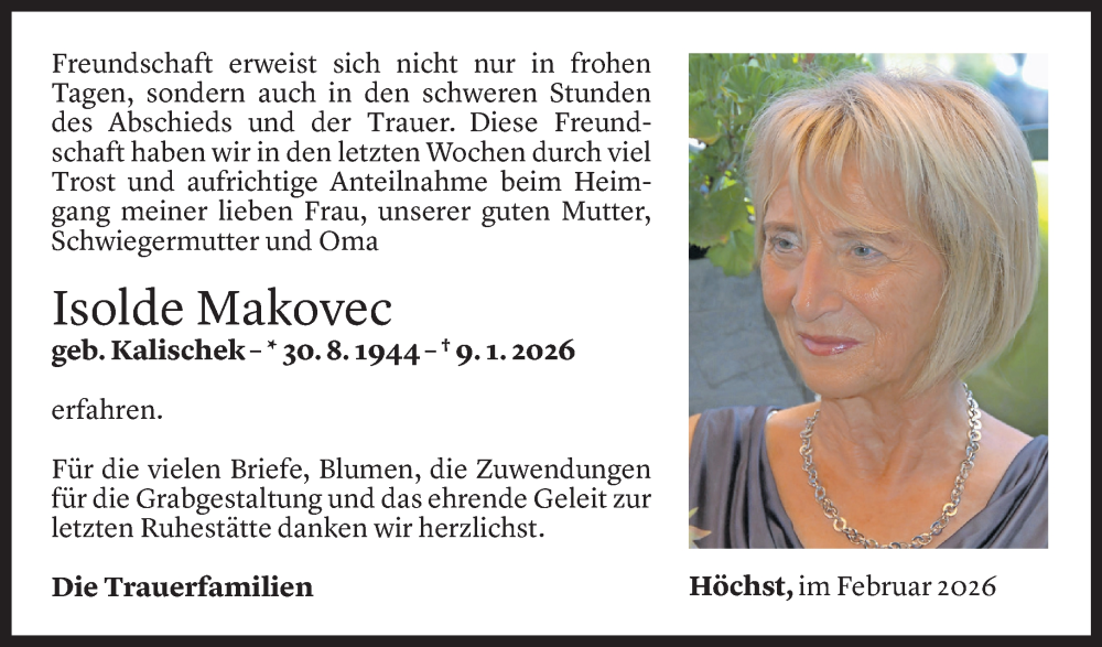  Todesanzeige für Isolde Makovec vom 09.02.2026 aus Vorarlberger Nachrichten